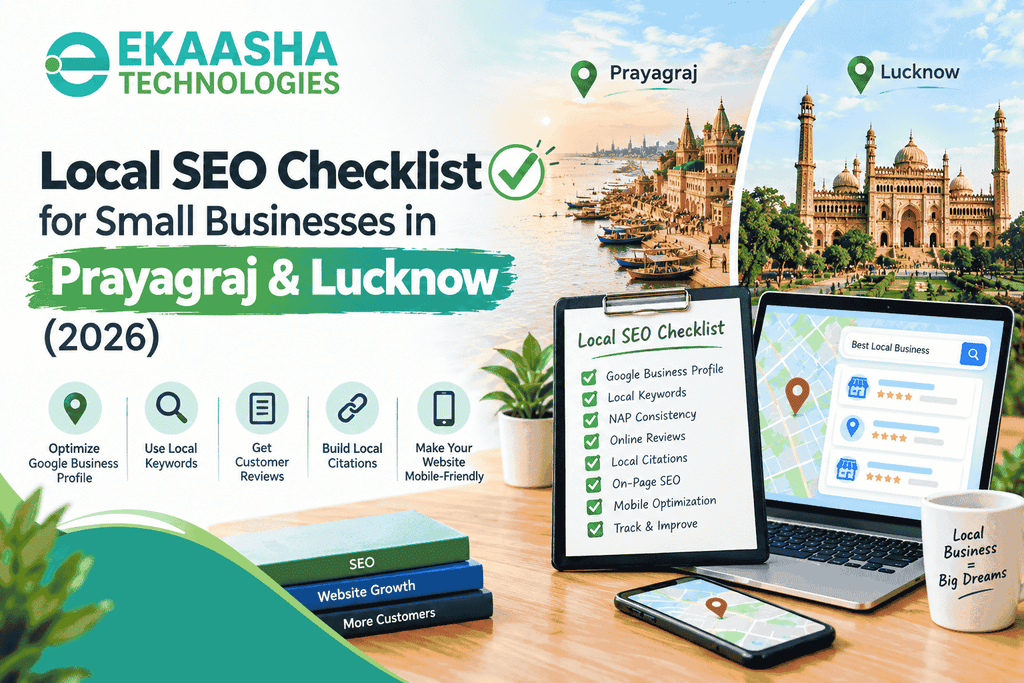 Local SEO strategy for small businesses in Prayagraj and Lucknow showing a checklist, map search, Google Business Profile, reviews, local citations, and mobile optimization.