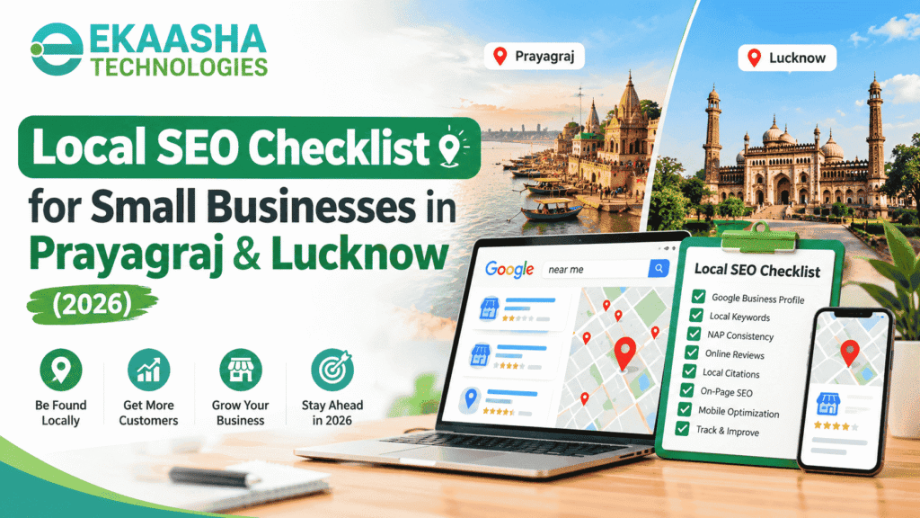 Local SEO checklist for small businesses in Prayagraj and Lucknow featuring Google Business Profile, local keywords, reviews, citations, and mobile SEO.