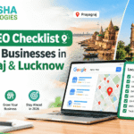 Local SEO checklist for small businesses in Prayagraj and Lucknow featuring Google Business Profile, local keywords, reviews, citations, and mobile SEO.