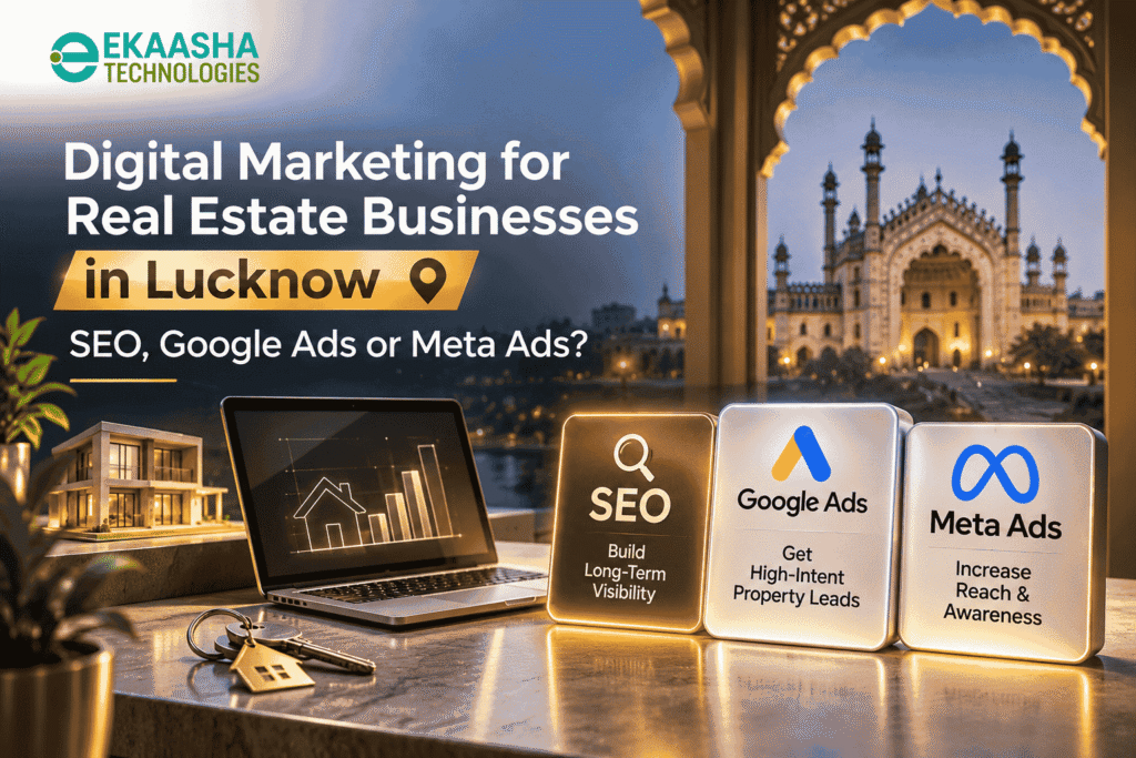 Real estate digital marketing in Lucknow comparing SEO, Google Ads, and Meta Ads by Ekaasha Technologies