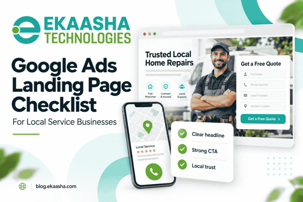Google Ads Landing Page checklist showing a lead form, mobile call button and local trust signals.