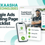 Google Ads Landing Page checklist showing a lead form, mobile call button and local trust signals.