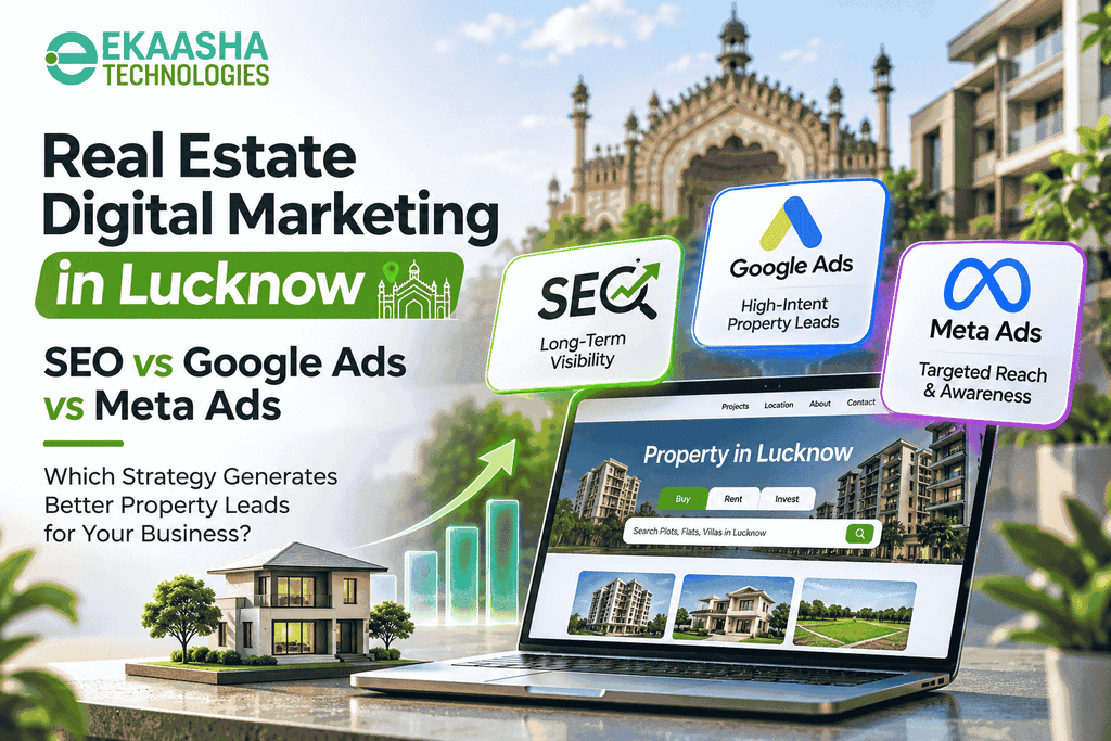 Real estate digital marketing in Lucknow comparing SEO, Google Ads, and Meta Ads by Ekaasha Technologies