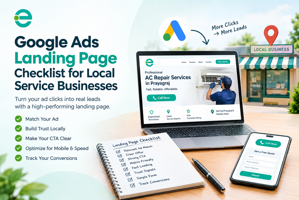 Google Ads Landing Page checklist showing a lead form, mobile call button and local trust signals.
